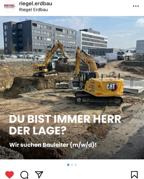 Teaserbild einer Instagram-Stellenanzeige von Riegel Erdbau zur Bauleiterposition im Tief- und Erdbau.